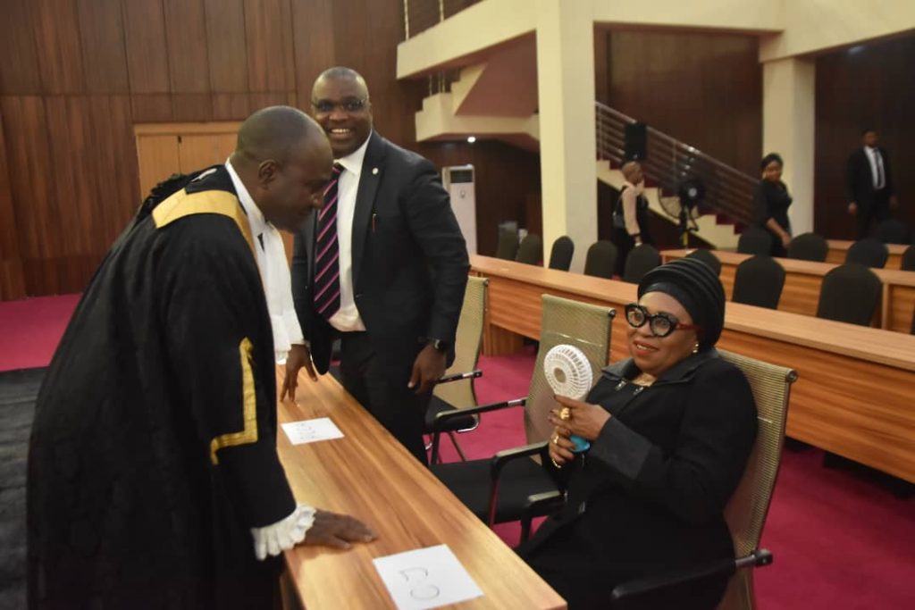Honourable Attorney--General and Commissioner for Justice, Delta State Mr Ekemejero Ohwovoriole SAN Discussing with the Chief Judge of Delta, Honourable Justice Tessy Diai during a Valedictory court session held in honour of the retiring Hon. Justice Ita George Mbaba, JCA, at the Asaba Division of the Court of  Appeal